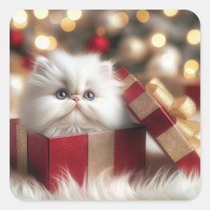 Sticker Carré Chaton persan de Noël dans une boîte cadeau