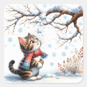 Sticker Carré Chaton regardant la neige tomber d'une branche