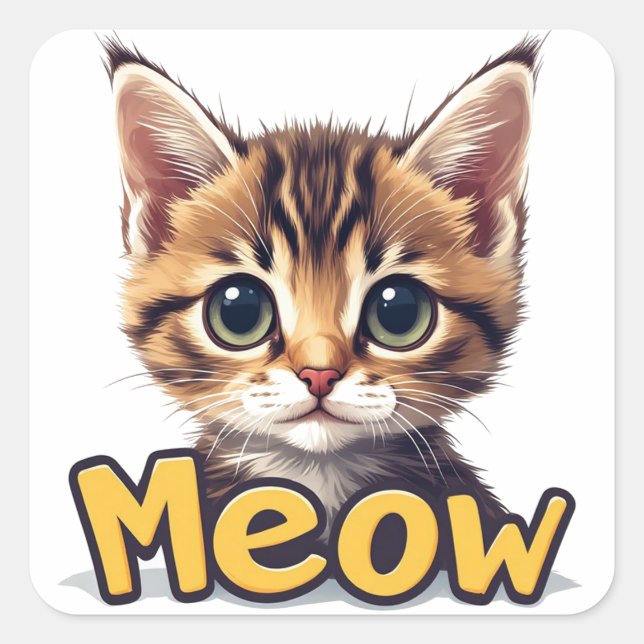 Sticker Carré Chaton Tabby Mignon Avec Message Miaou Chat Mignon (Devant)