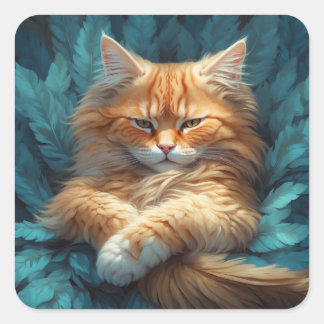 Sticker Carré Chaton Tabby Orange en Lit de Plumes Bleues