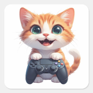 Sticker Carré Chaton tenant une manette de jeu Sourire Chat joue