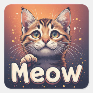 Sticker Carré Chaton Tigré Aux Grands Yeux Et Citation Meow Mign
