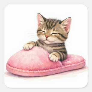 Sticker Carré Chaton tigré dormant dans une pantoufle rose