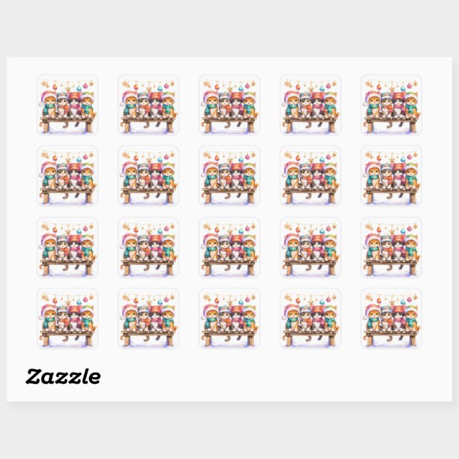 Sticker Carré Chatons célébrant Noël, câlins et mignons, (Feuille)