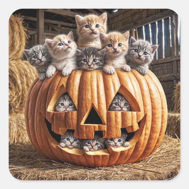 Sticker Carré Chatons Dans Citrouille d'Halloween (Devant)