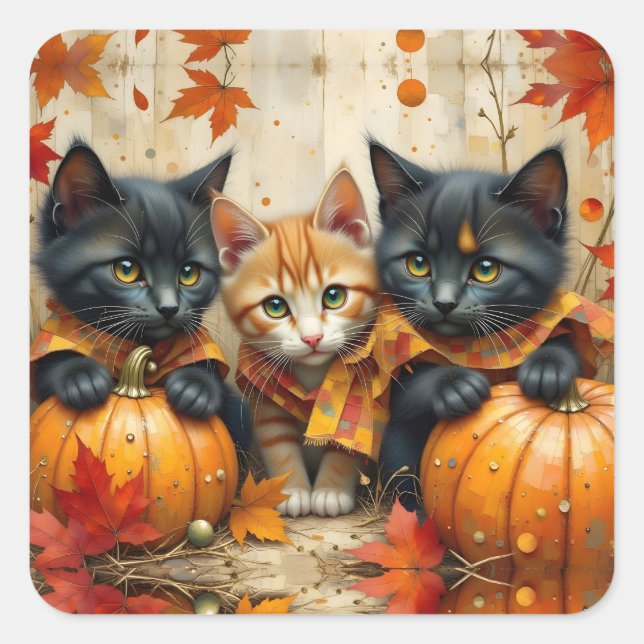 Sticker Carré Chatons d'automne Citrouilles et feuillage (Devant)