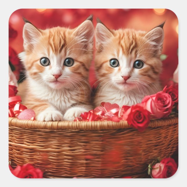 Sticker Carré Chatons mignons dans un panier de paille (Devant)