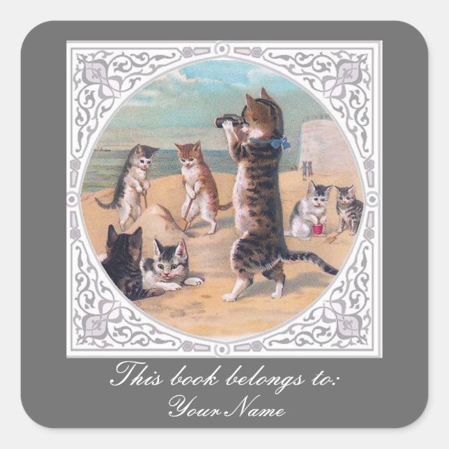 Sticker Carré Chats anthropomorphes à la plage (Devant)