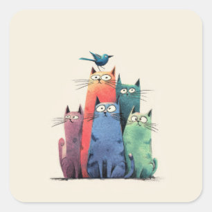 Sticker Carré Chats Colorés Empilés – Art Féminin de Chat Mignon