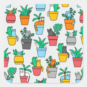 Sticker Carré Chats dans les pots à fleurs