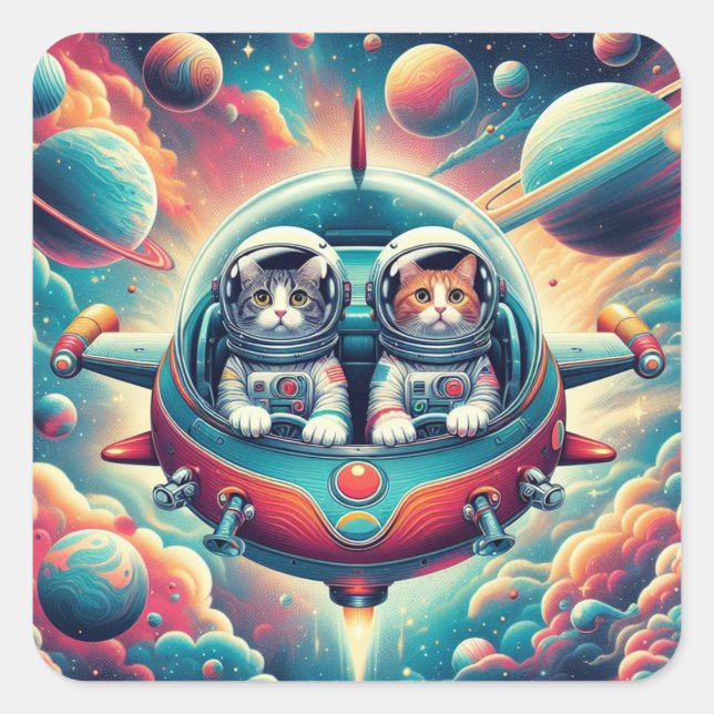 Sticker Carré Chats dans l'espace autocollant! (Devant)