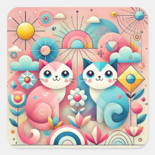 Sticker Carré Chats de dessin animé mignons dans un paysage natu