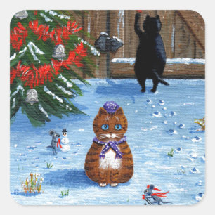 Sticker Carré Chats de Noël amusants et créationarts de souris