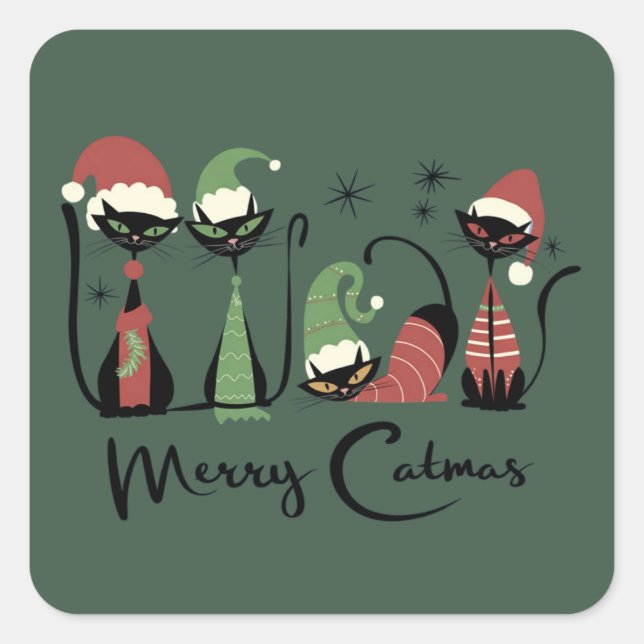 Sticker Carré Chats de Noël du milieu du siècle de style atomiqu (Devant)