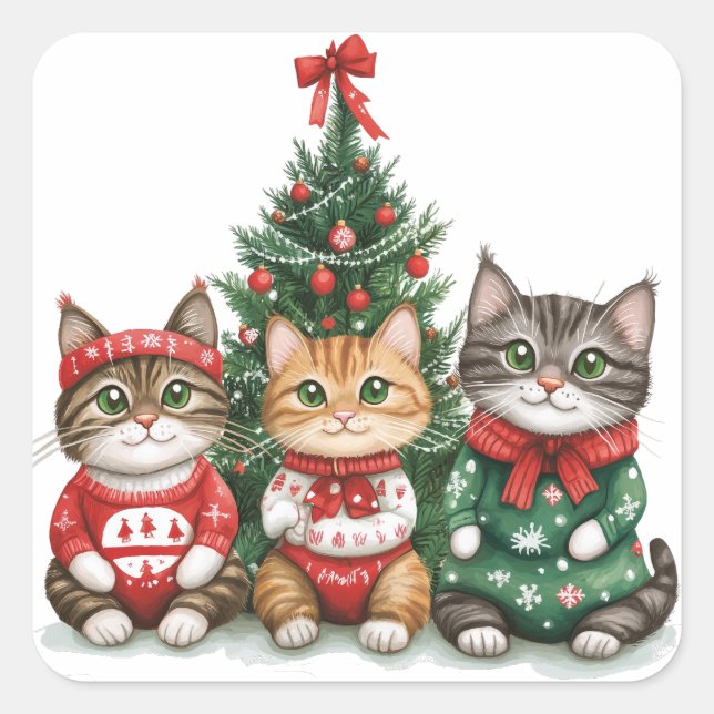 Sticker Carré Chats de Noël mignons (Devant)