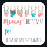 Sticker Carré Chats de vacances 'Meowny Christmas' personnalisés<br><div class="desc">Le thème des vacances pour les amoureux de les chats ! Les petits bonbons vêtus de bois et de chandails font un adorable accent pour vos sentiments de Noël humoristiques. Étendre la joie avec des pastels lumineux et ludiques. Nous vous souhaitons un Noël Meowy et une Bonne Année de Mew...</div>