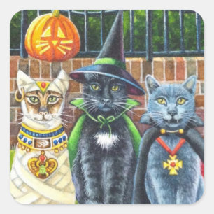 Sticker Carré Chats d'Halloween en costume Aquarelle Art
