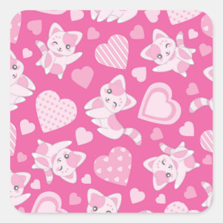 Sticker Carré Chats Et Coeurs Roses Mignons