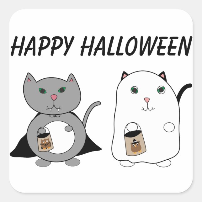 Sticker Carré Chats Ghost Vampire Happy Halloween personnalisé (Devant)
