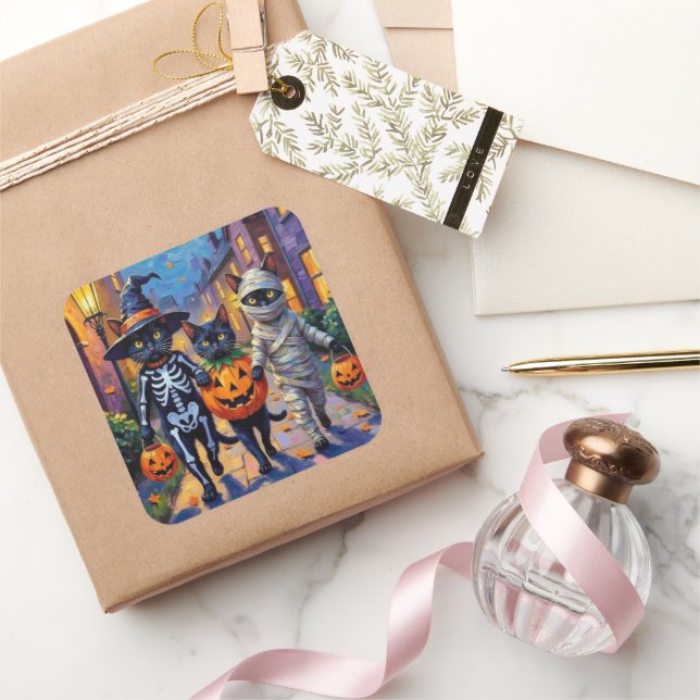 Sticker Carré Chats noirs en costumes d'Halloween (Cadeaux)