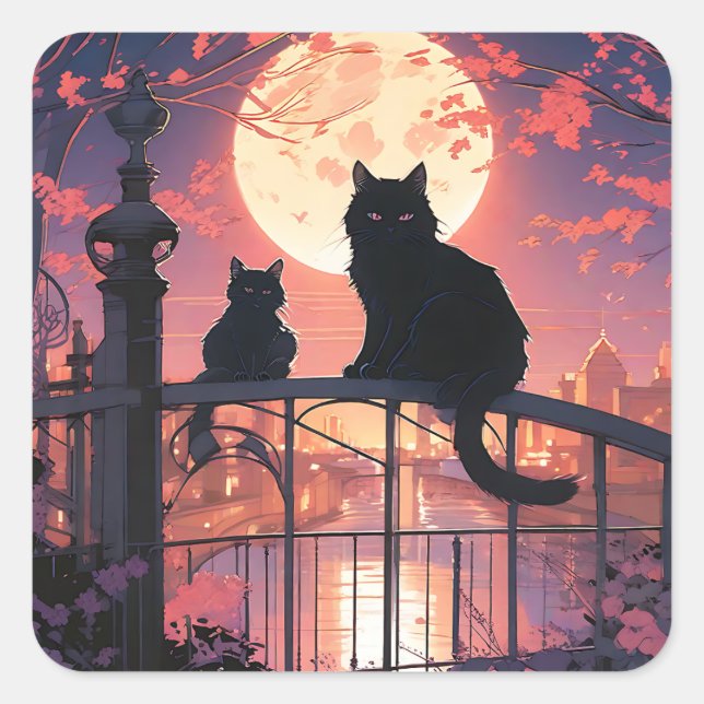 Sticker Carré Chats noirs et Pleine lune (Devant)