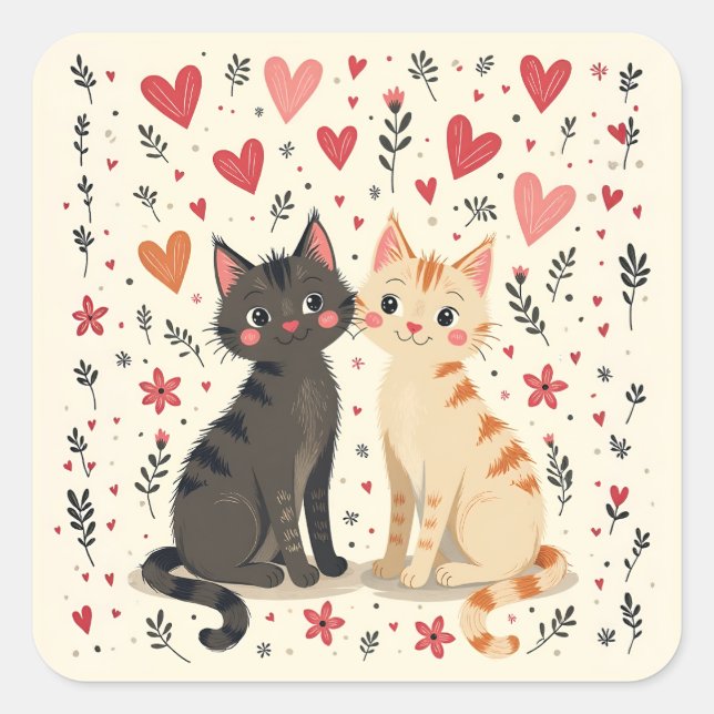 Sticker Carré Chats Rétro de la Saint-Valentin Mignons (Devant)