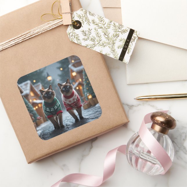 Sticker Carré Chats siamois Noël Neige Fêtes (Cadeaux)