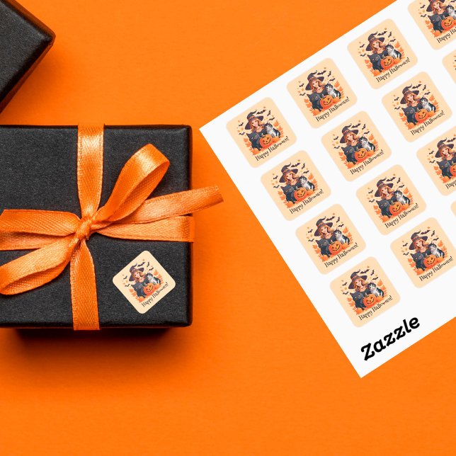 Sticker Carré Chats sorciers chauves-souris et Halloween Citroui (Créateur téléchargé)