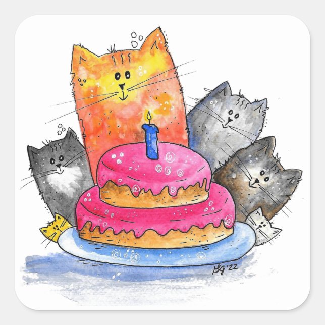 Sticker Carré Chats Whimsical avec gâteau d'anniversaire (Devant)