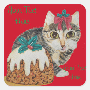 Sticker Carré chatte chatte grise tabby chat avec arc rouge noël