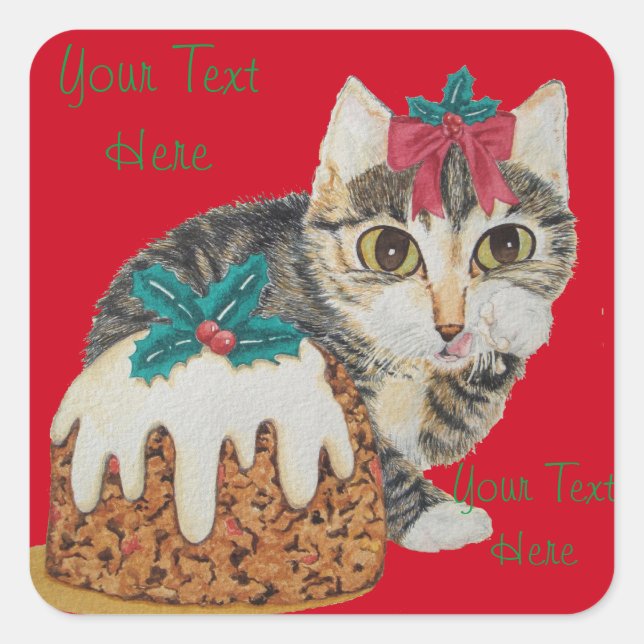 Sticker Carré chatte chatte grise tabby chat avec arc rouge noël (Devant)
