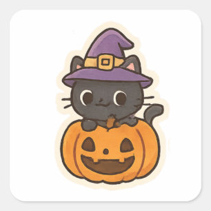 Sticker Carré Chatte de sorcière mignonne dans une citrouille Ka