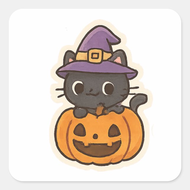 Sticker Carré Chatte de sorcière mignonne dans une citrouille Ka (Devant)