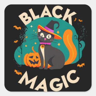 Sticker Carré Chatte sorcière magique noire, Halloween thème des