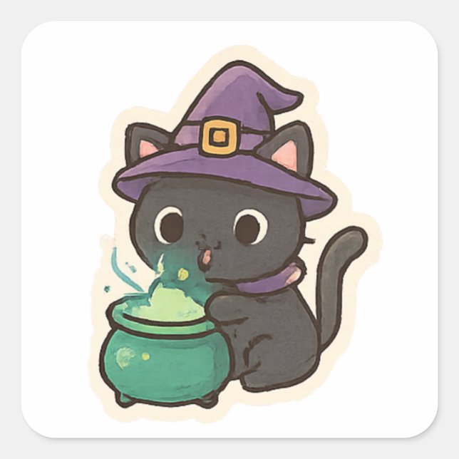 Sticker Carré Chatte Sorcière Mignonne Préparant une Potion – Ka (Devant)