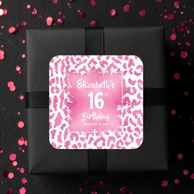 Sticker Carré Chaud Pink Leopard Sweet 16 Anniversaire (Hot pink and white leopard print Sweet 16 birthday square favor stickers)