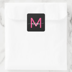 Sticker Carré Chaud rose noir moderne Script Girl Monogramme Nom