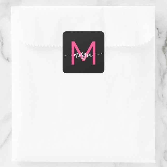 Sticker Carré Chaud rose noir moderne Script Girl Monogramme Nom (Sac)