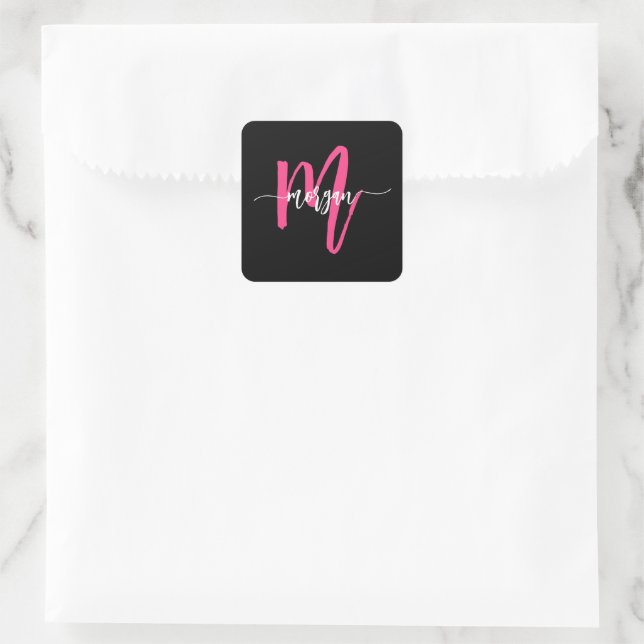 Sticker Carré Chaud rose noir moderne Script Girl Monogramme Nom (Sac)