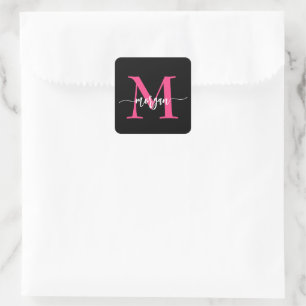 Sticker Carré Chaud rose noir moderne Script Girl Monogramme Nom