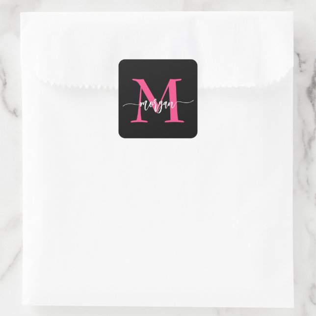 Sticker Carré Chaud rose noir moderne Script Girl Monogramme Nom (Sac)
