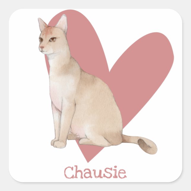 Sticker Carré Chausie Chat Aquarelle Kitty Coeur rose (Devant)