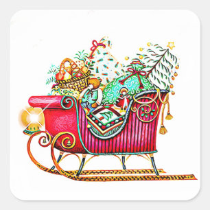 Sticker Carré Chaussée vintage ou traîneau avec cadeaux et arb
