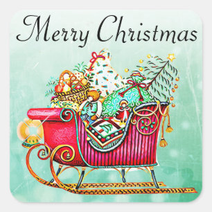Sticker Carré Chaussée vintage ou traîneau avec cadeaux et arbre