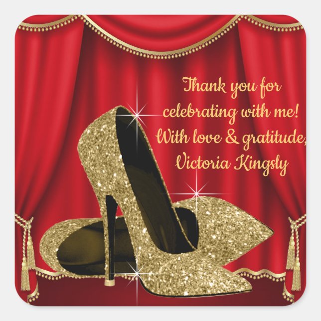 Sticker Carré Chaussure Rouge or Anniversaire Fête Favoriser Sti (Devant)