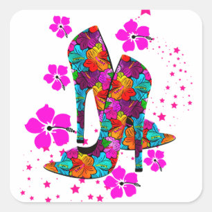 Sticker Carré Chaussures à talons hauts d'été Fleurs rose chaud