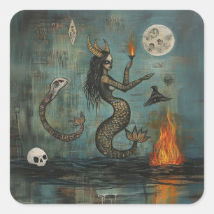 Sticker Carré Chauve-sirène à cornes Lune Occult Dark Witchk AI
