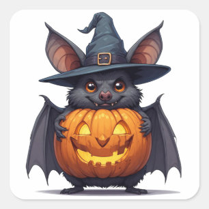 Sticker Carré Chauve-souris de sorcière effrayante tenant une ci