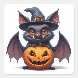Sticker Carré Chauve-souris effrayante d'Halloween avec chapeau 
