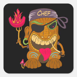 Sticker Carré Chef de Bandana Tiki avec saucisse brûlante, Noir 